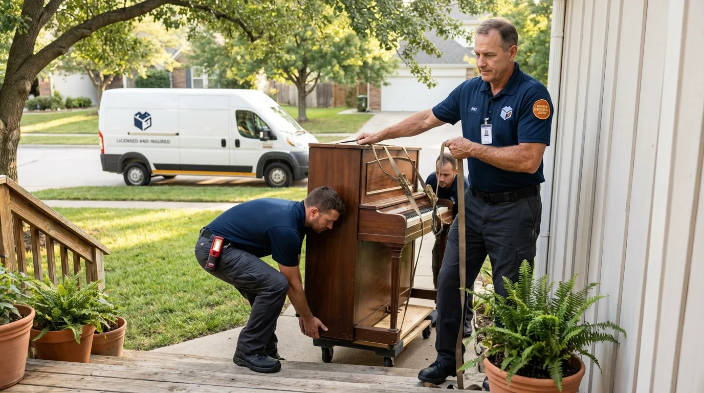 Licensed piano movers securing grand piano in Starbuck, MN