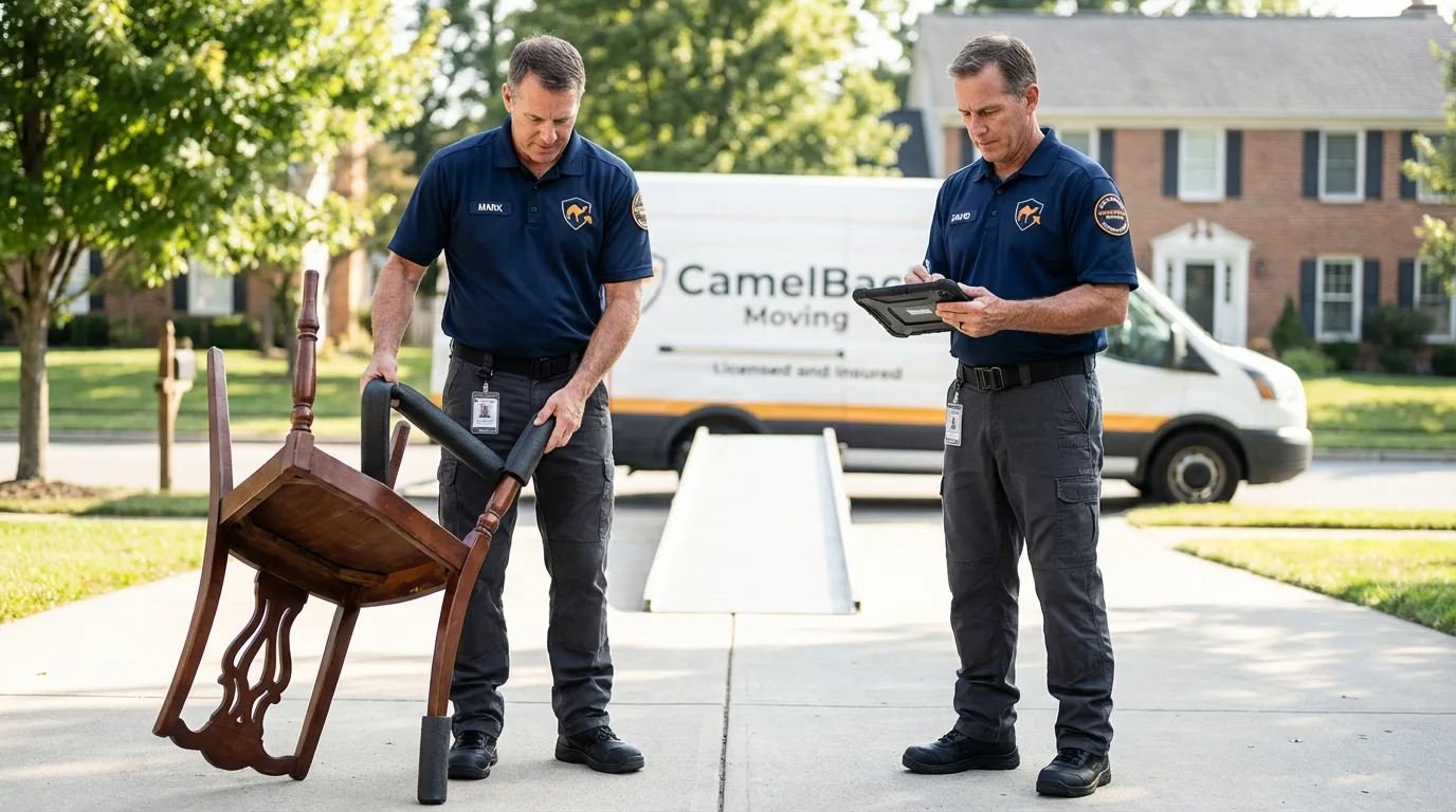 Movers inspecting furniture for damage prevention before loading in Starbuck, MN