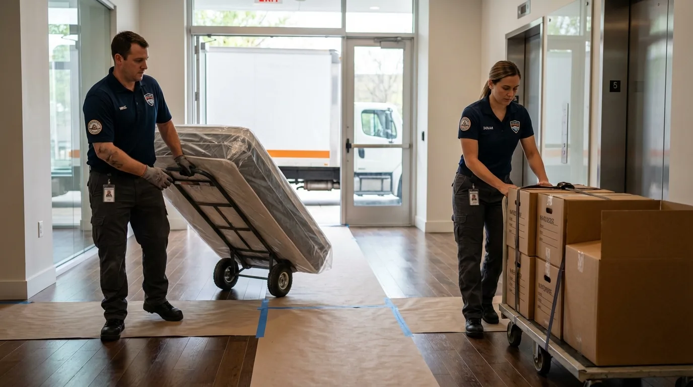 Professional apartment movers loading elevator in Starbuck, MN