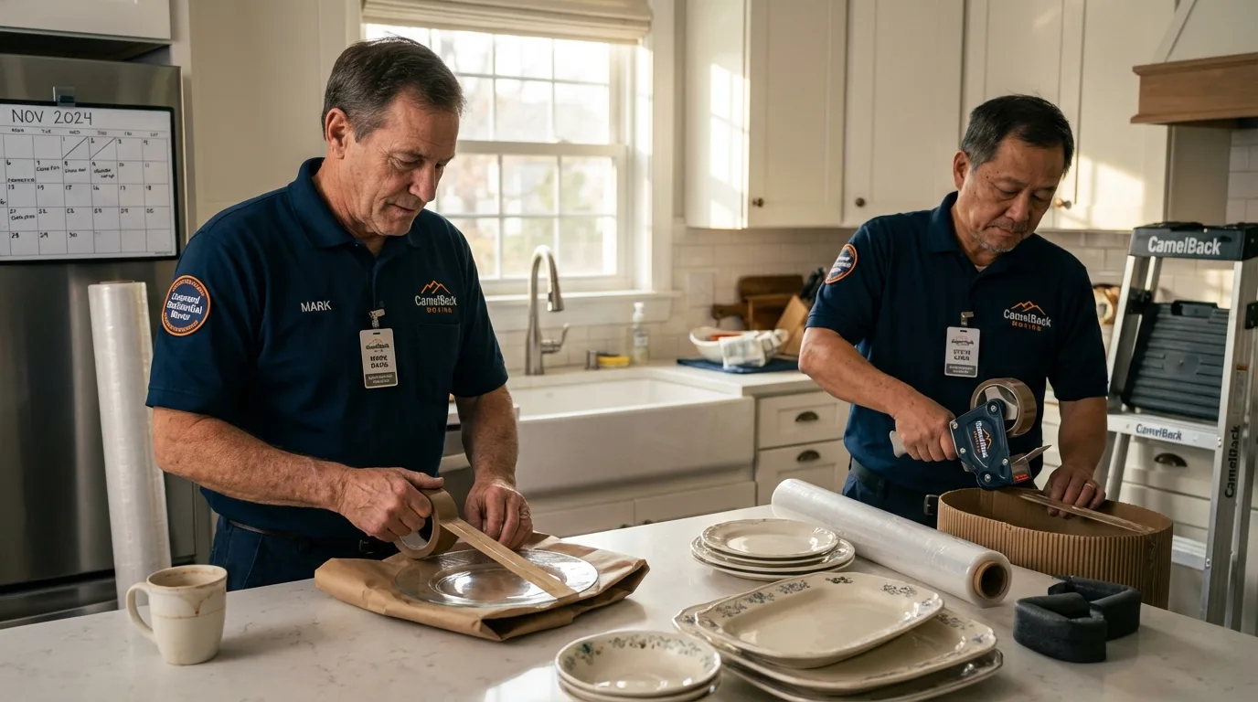 Professional crew packing kitchen dishware in Starbuck, MN